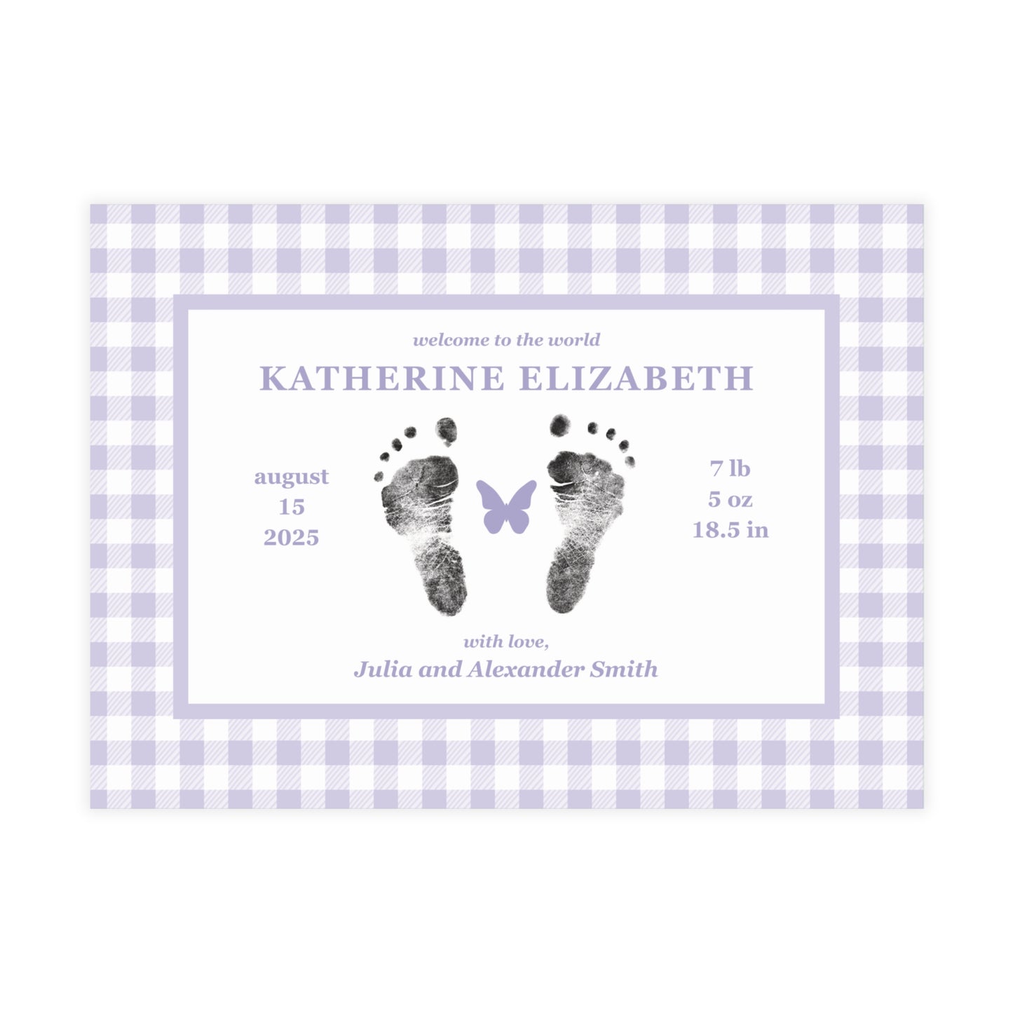 Baby birth announcement card with purple gingham border and footprints on a white background