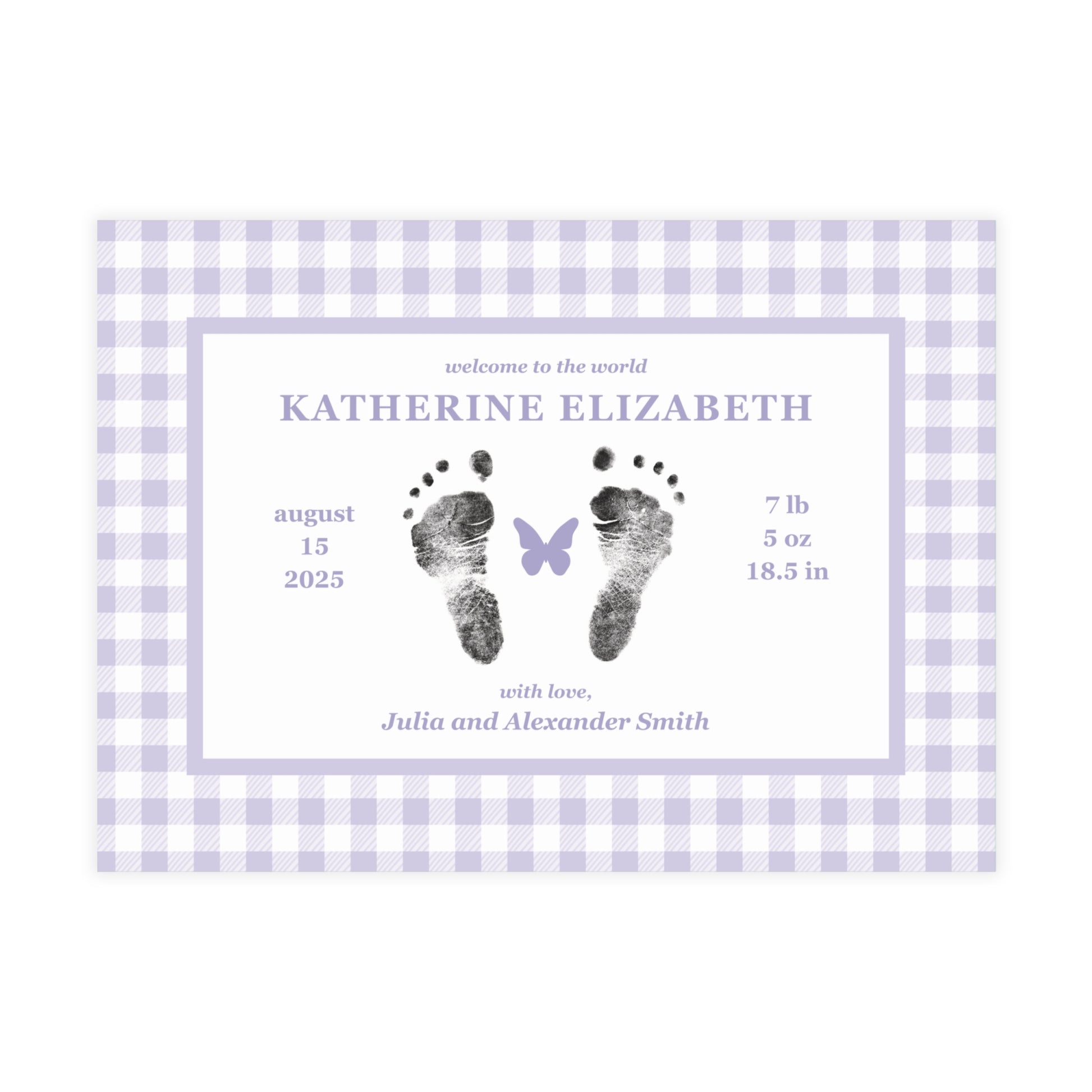 Baby birth announcement card with purple gingham border and footprints on a white background