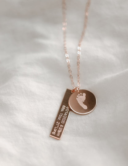 Footprint Engraved Single Disc Necklace with Baby Birth Stats Bar Necklace
