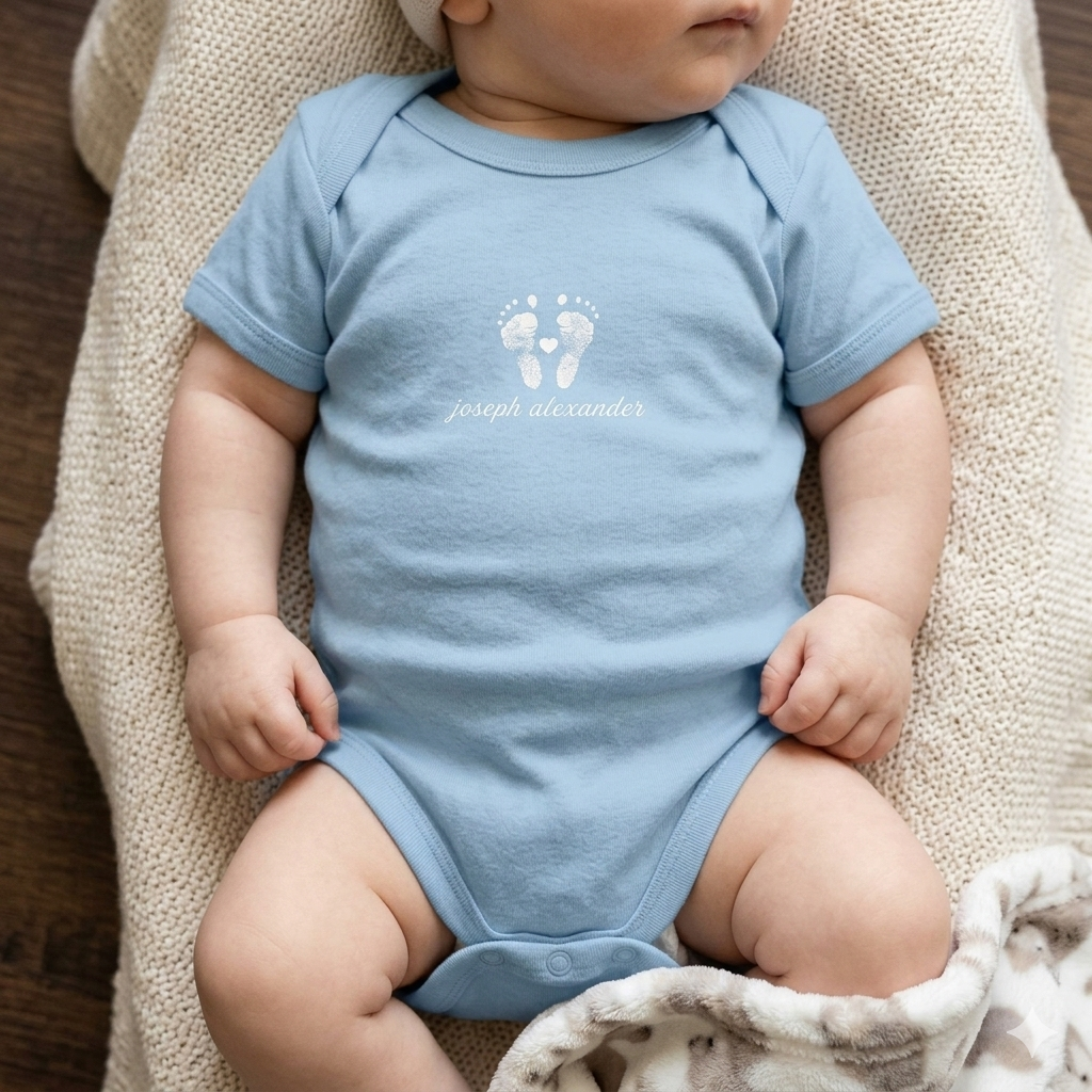 Baby wearing a light blue onesie with a footprints on it.