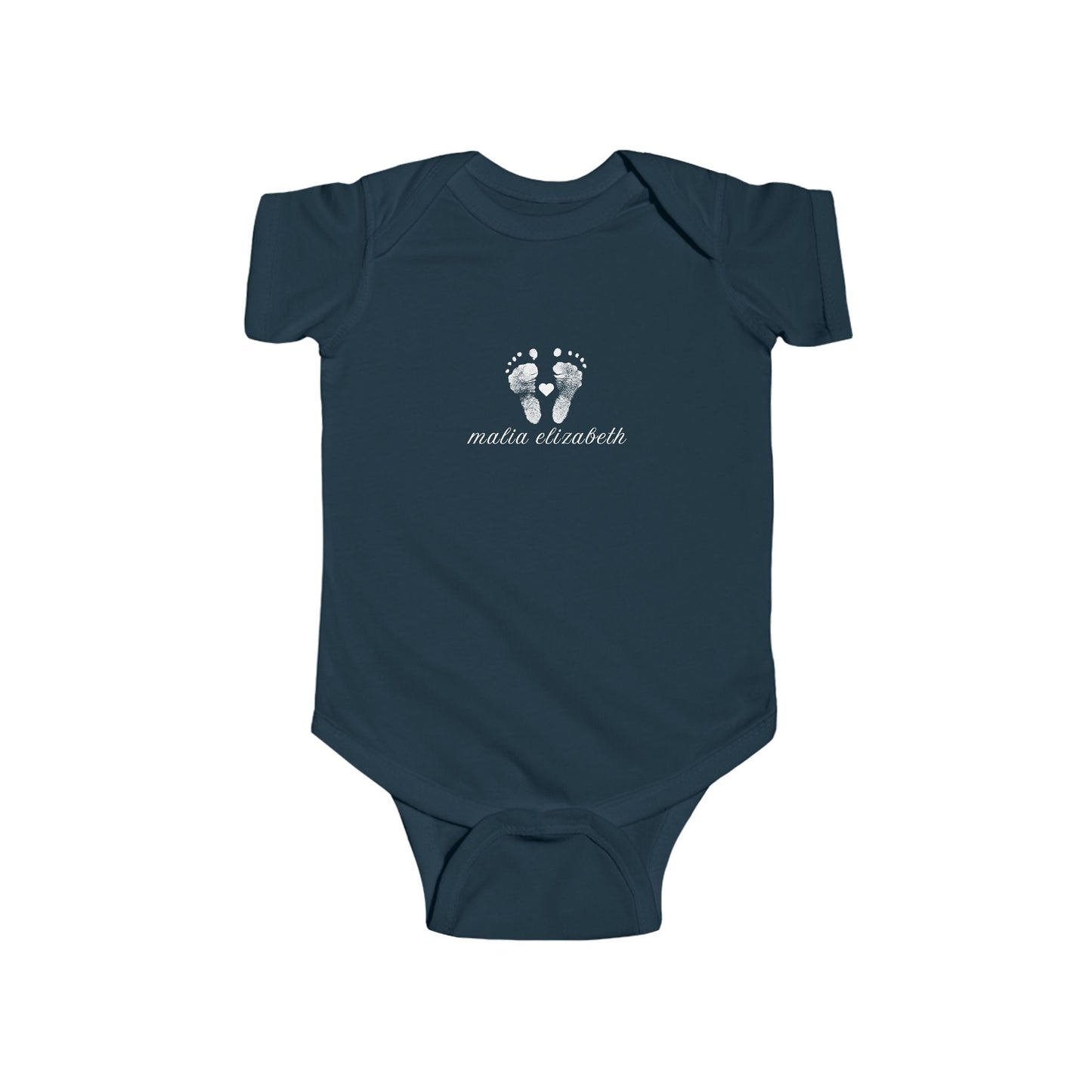 Navy blue baby onesie with white footprint design.