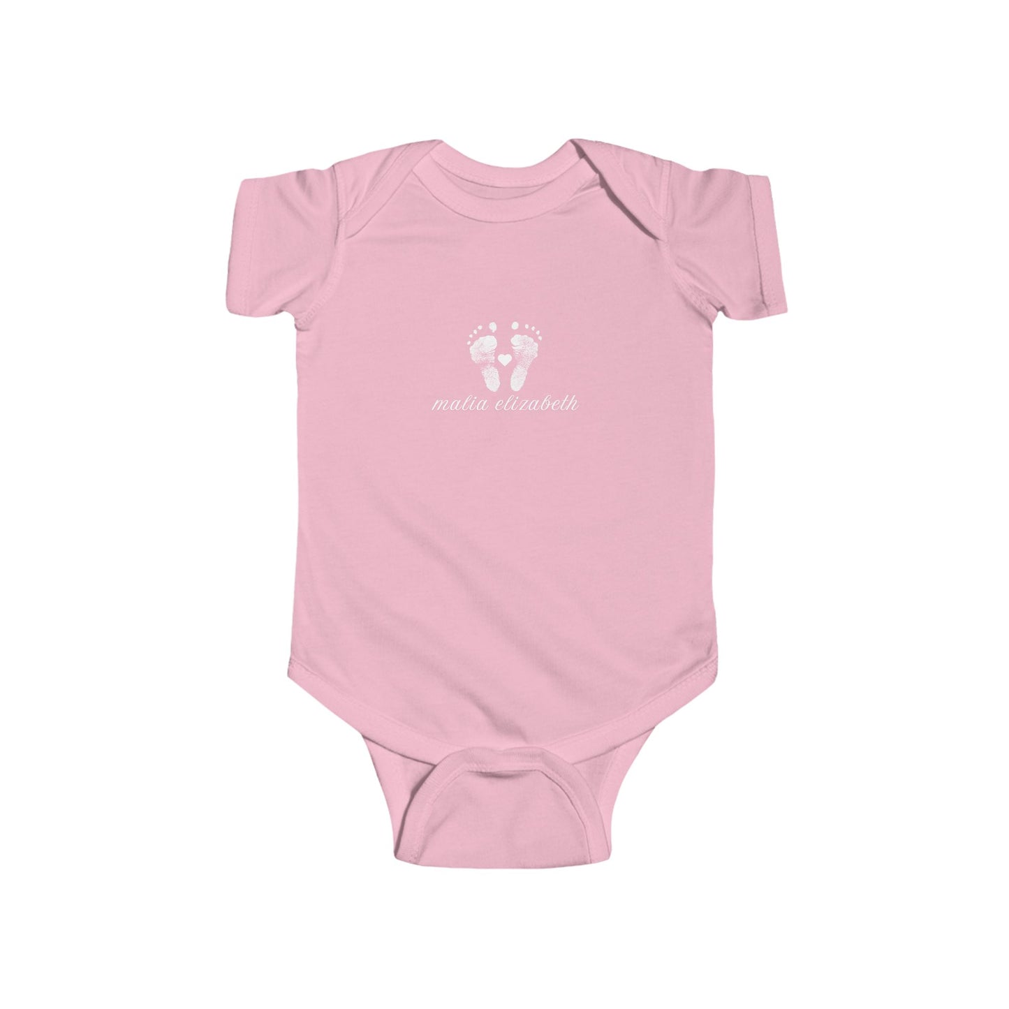 Pink baby onesie with white footprint design.