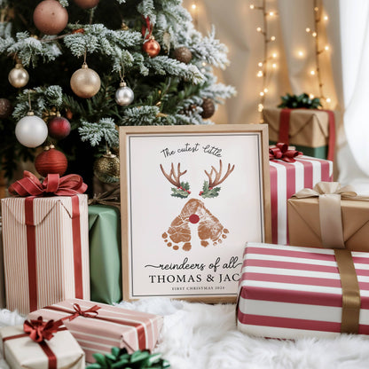 A Custom wallpaper baby footprint Christmas art framed by the tree