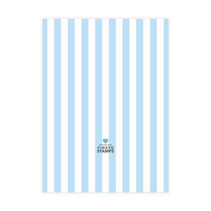 Blue and white vertical stripes on a white background. First Stamps logo at the bottom.