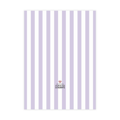 Purple and white vertical stripes on a white background. First Stamps logo at the bottom.