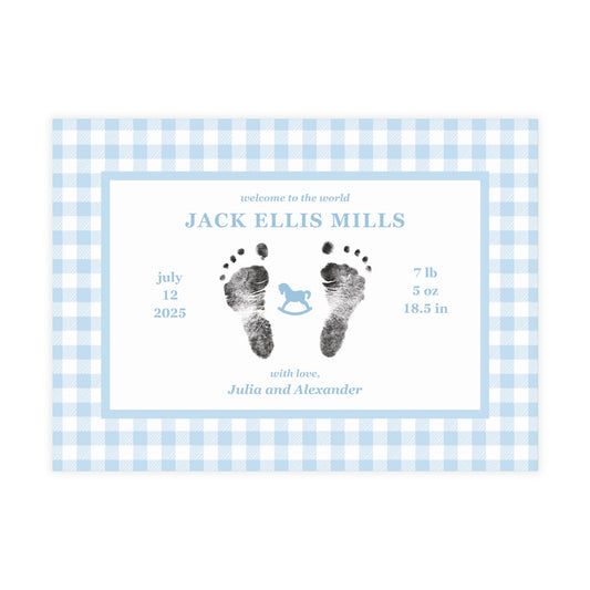 Baby birth announcement card with blue gingham border and footprints on a white background