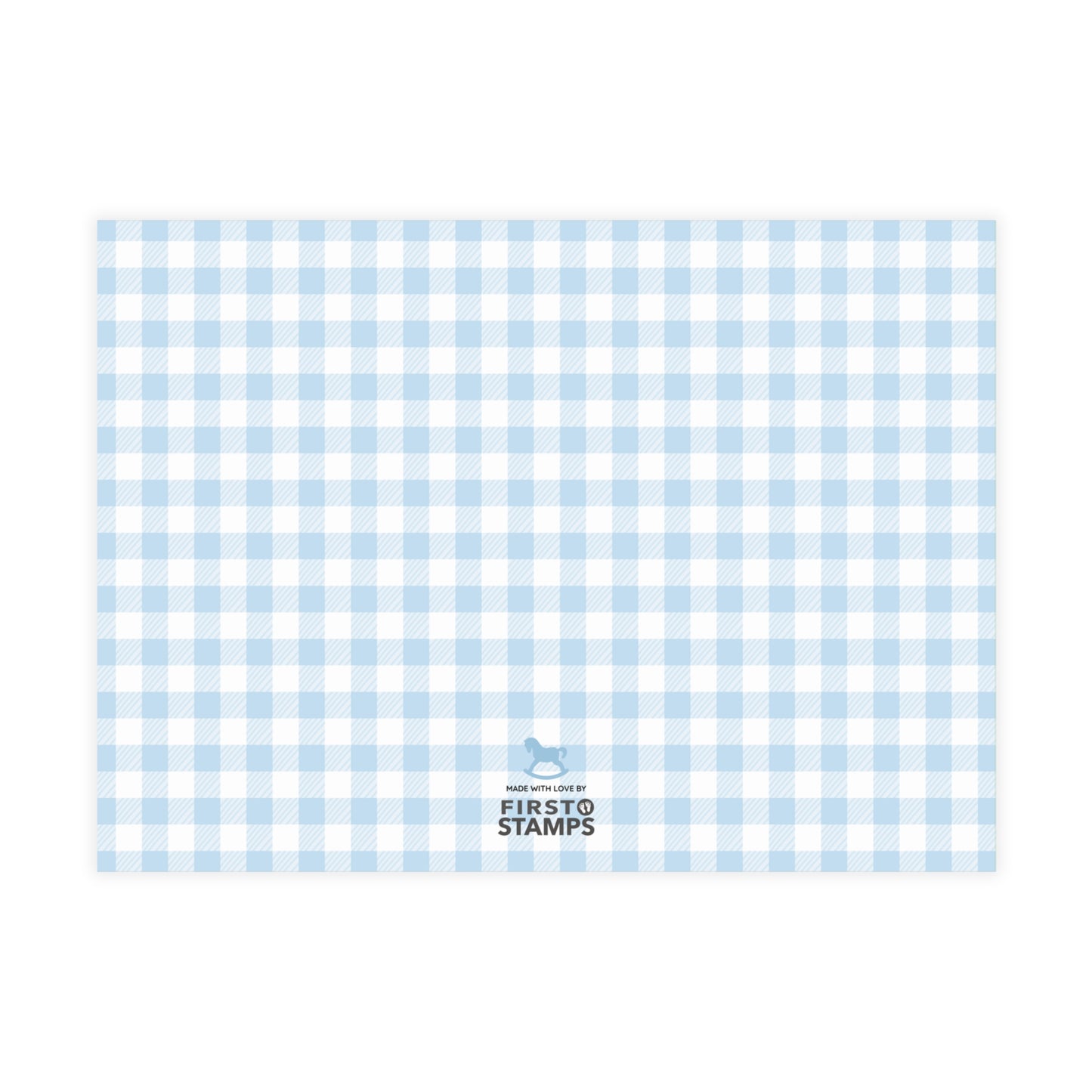 Blue and white checkered paper with 'First Stamps' logo at the bottom right corner on a white background.
