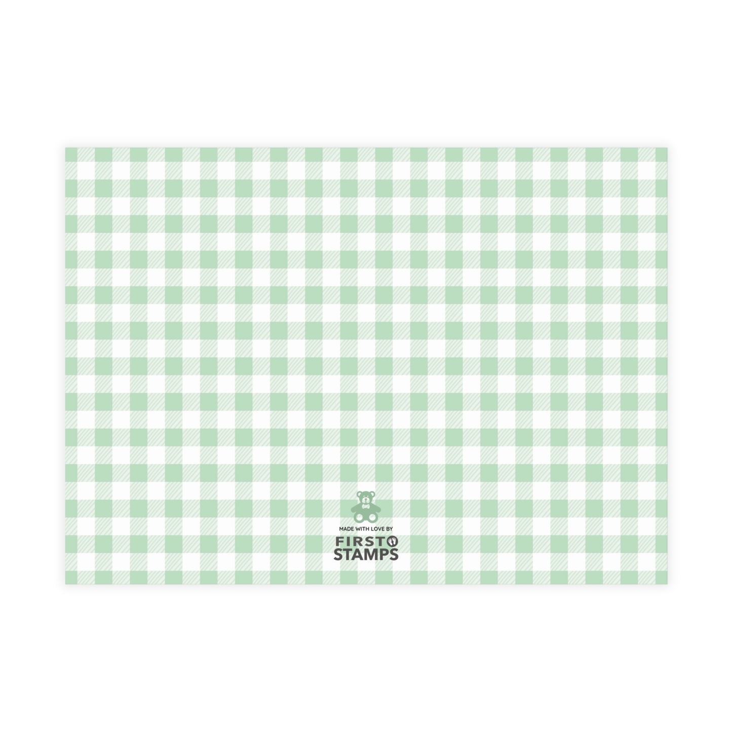Green and white checkered paper with 'First Stamps' logo at the bottom right corner on a white background.
