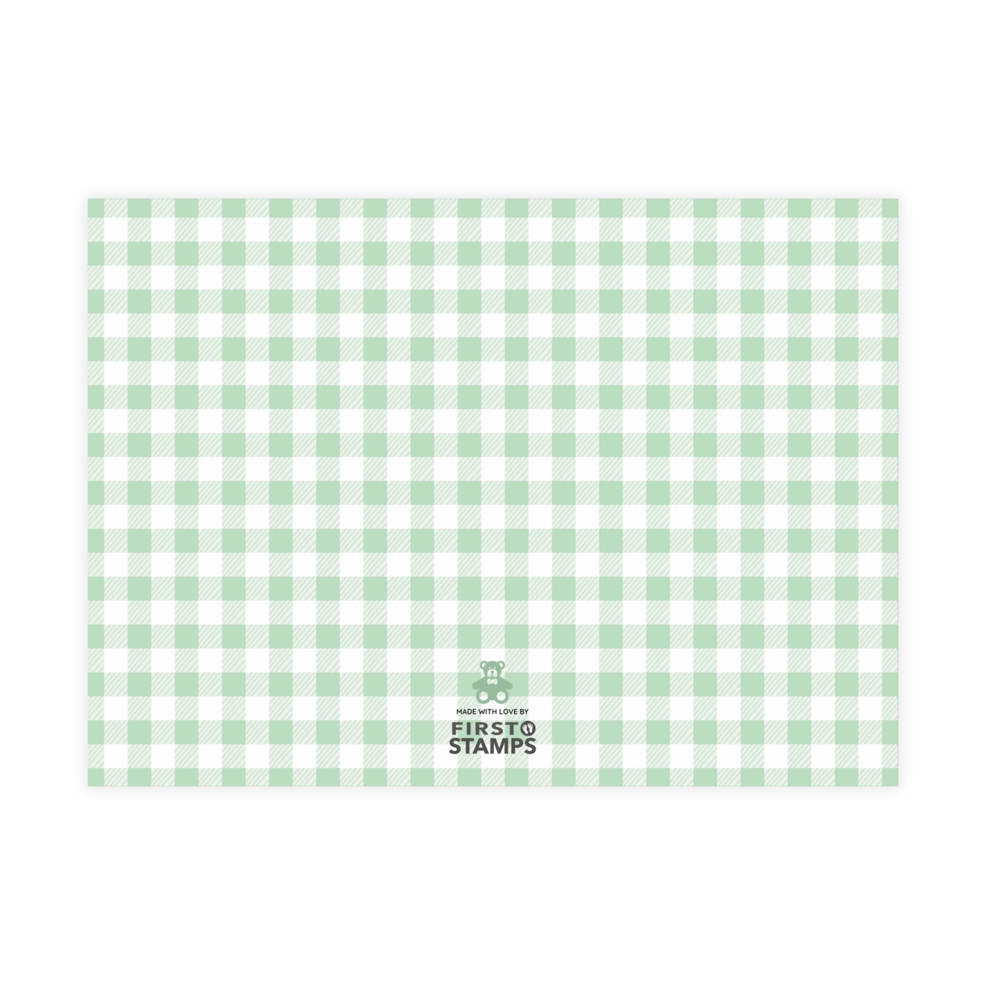 Green and white checkered paper with 'First Stamps' logo at the bottom right corner on a white background.