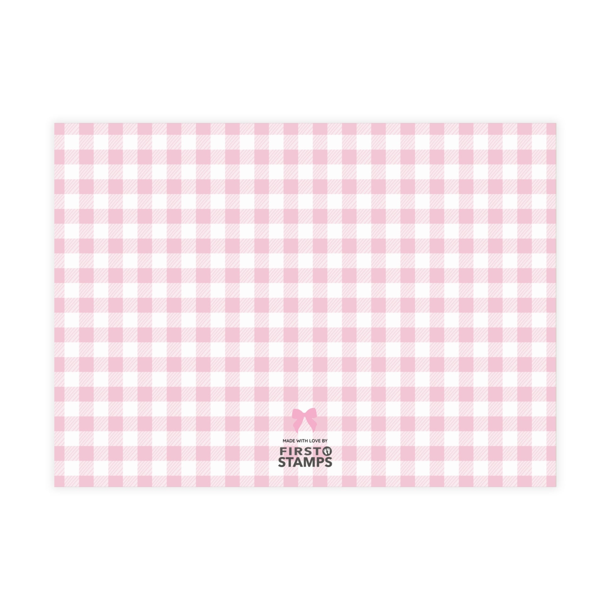 Pink and white checkered paper with 'First Stamps' logo at the bottom right corner on a white background.