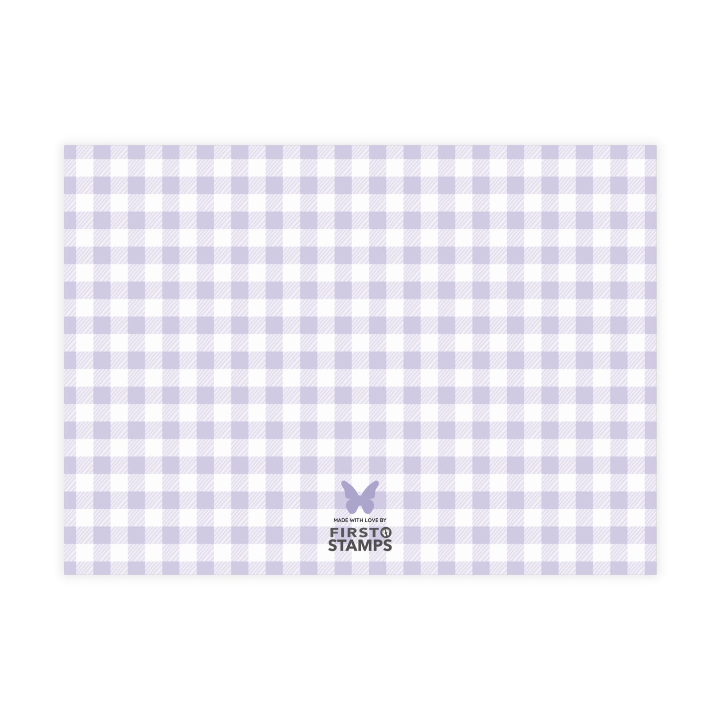 Purple and white checkered paper with 'First Stamps' logo at the bottom right corner on a white background.
