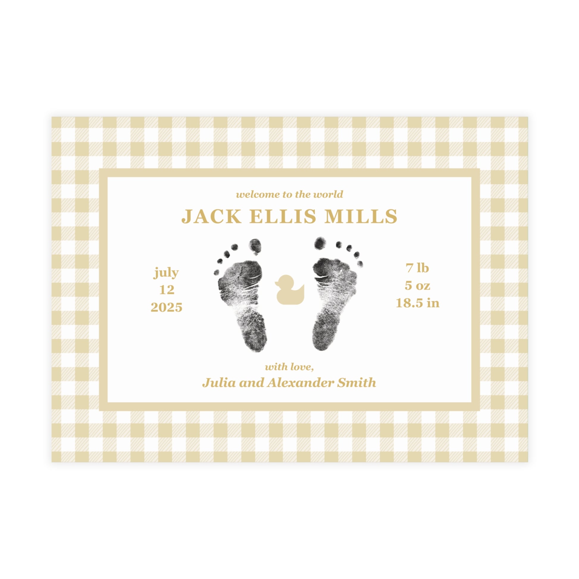 Baby birth announcement card with yellow gingham border and footprints on a white background