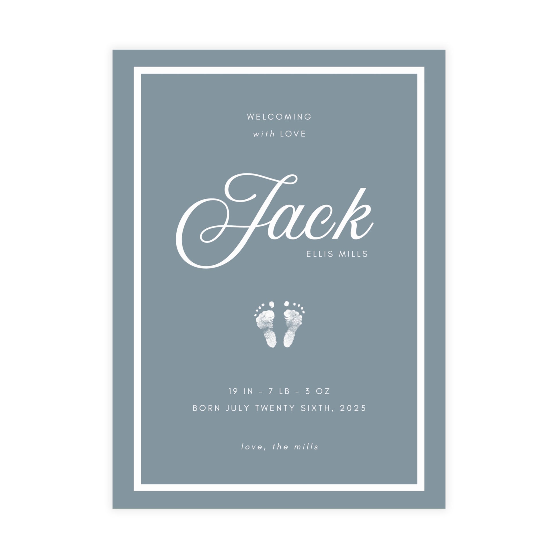 Baby birth announcement card with name 'Jack' and baby footprints on a blue background