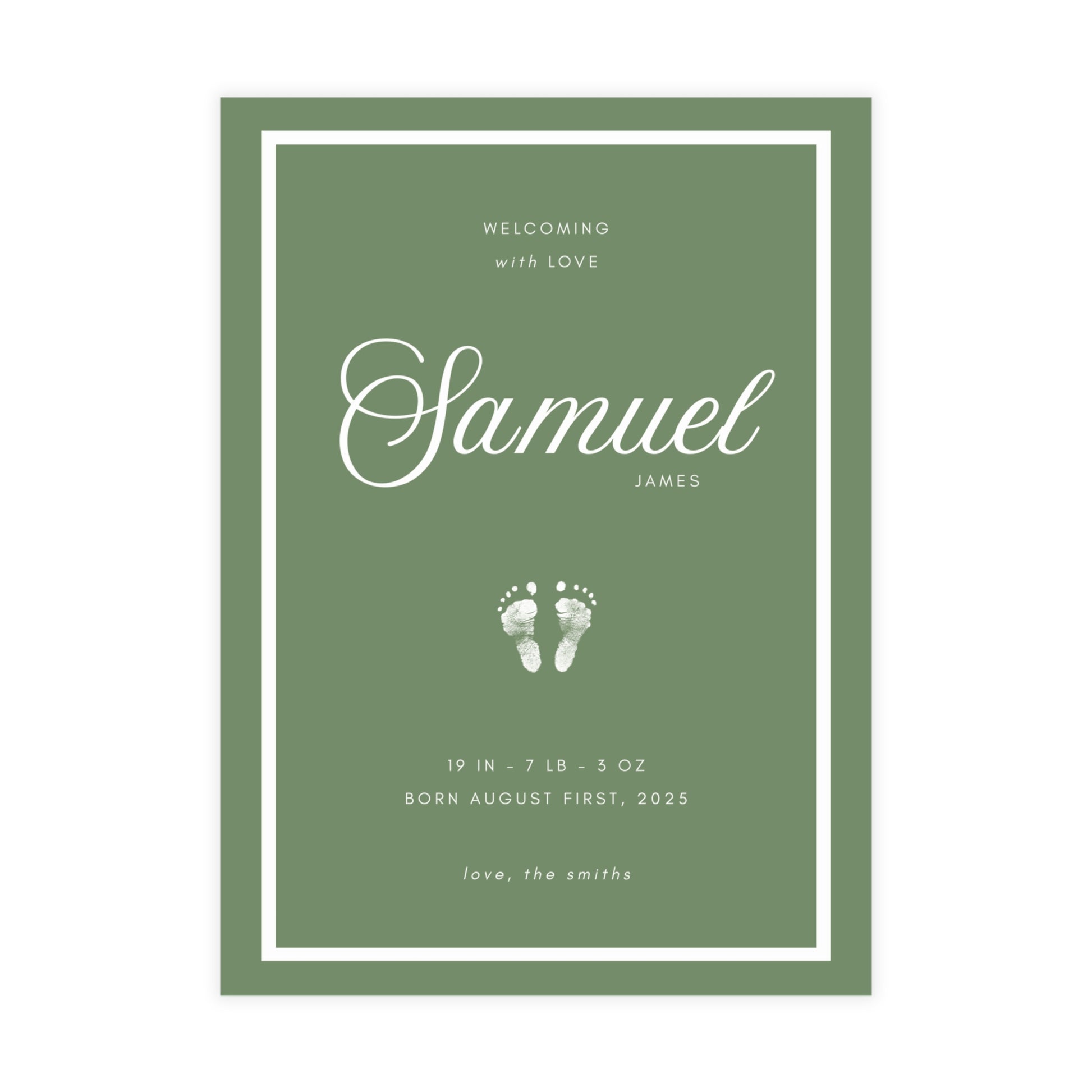 Green birth announcement card with white text and baby footprint illustration