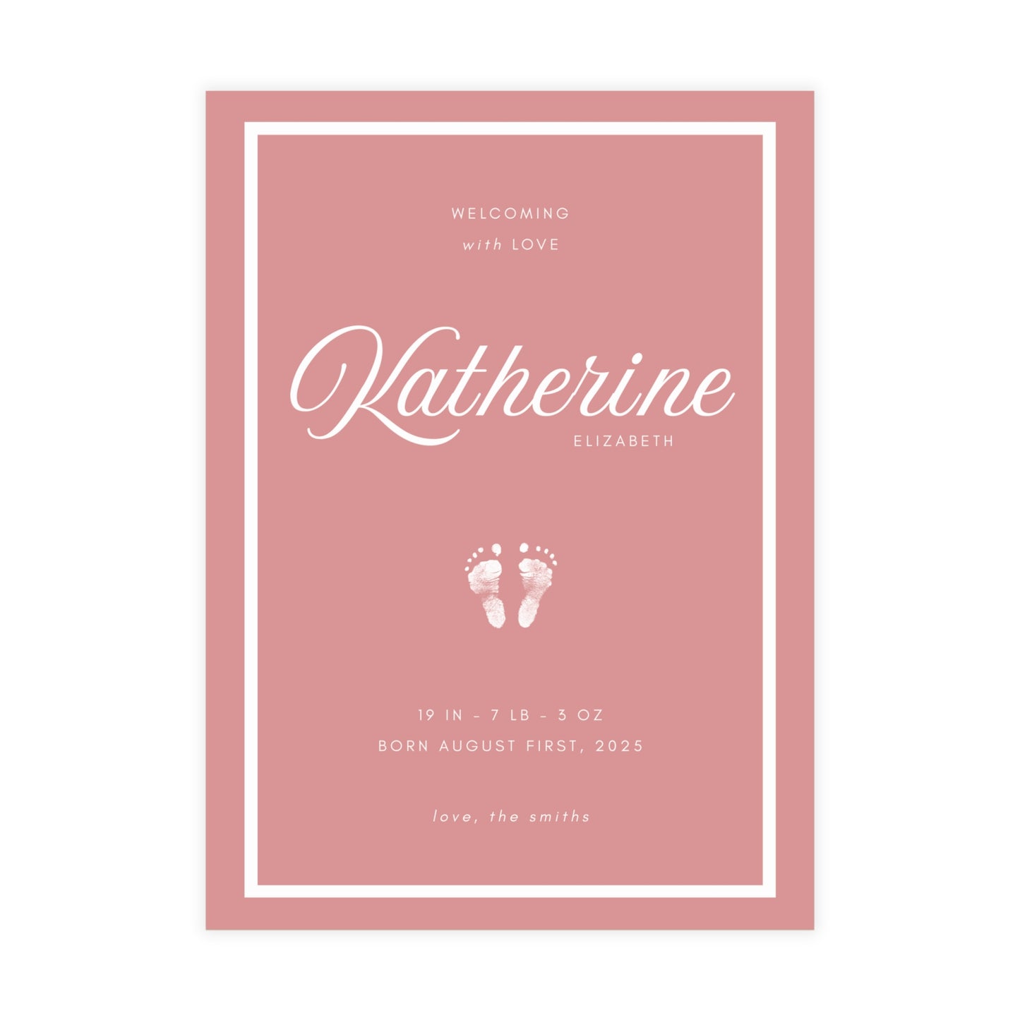Baby birth announcement card with name 'Katherine' and baby footprints on a pink background
