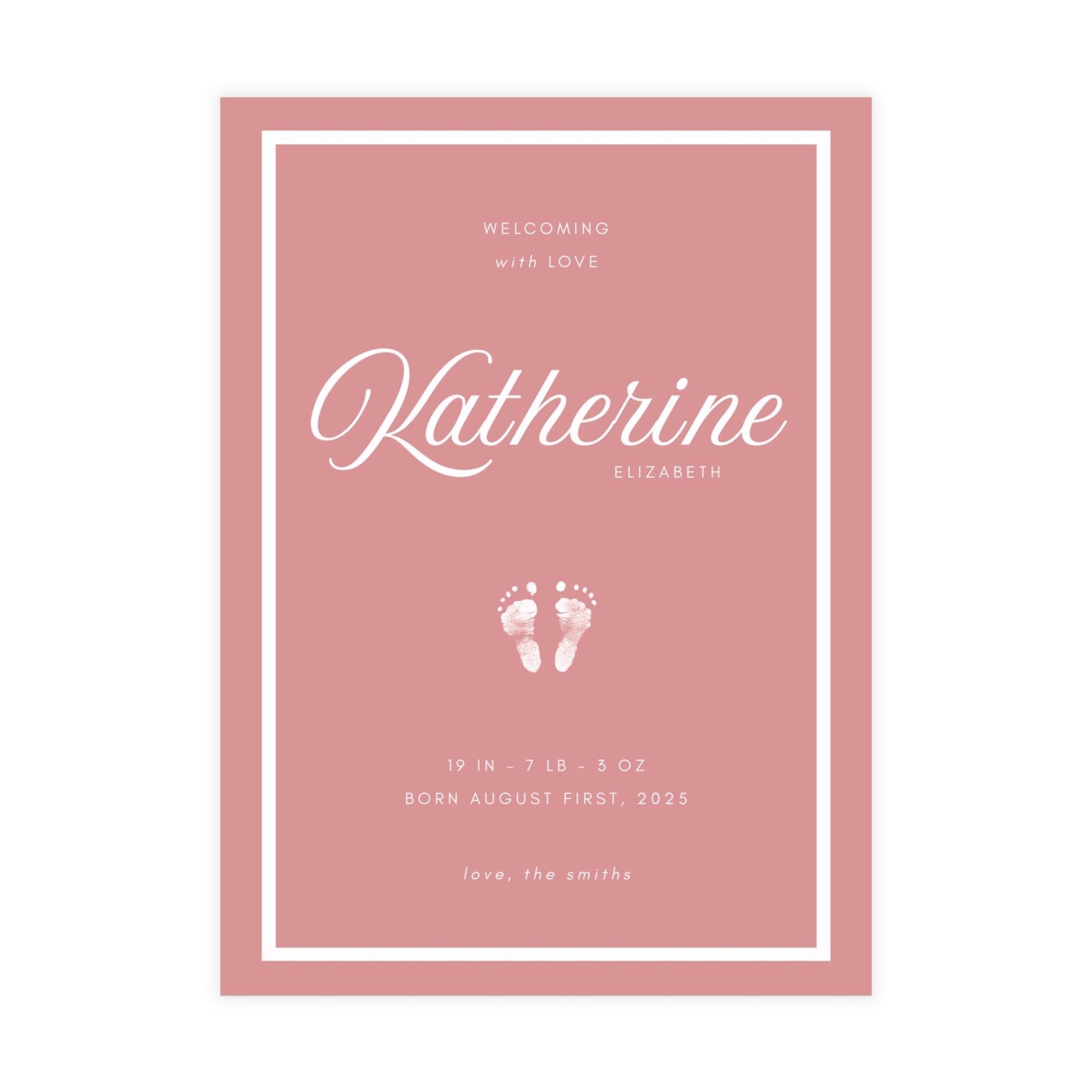 Baby birth announcement card with name 'Katherine' and baby footprints on a pink background