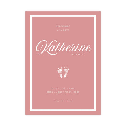 Baby birth announcement card with name 'Katherine' and baby footprints on a pink background