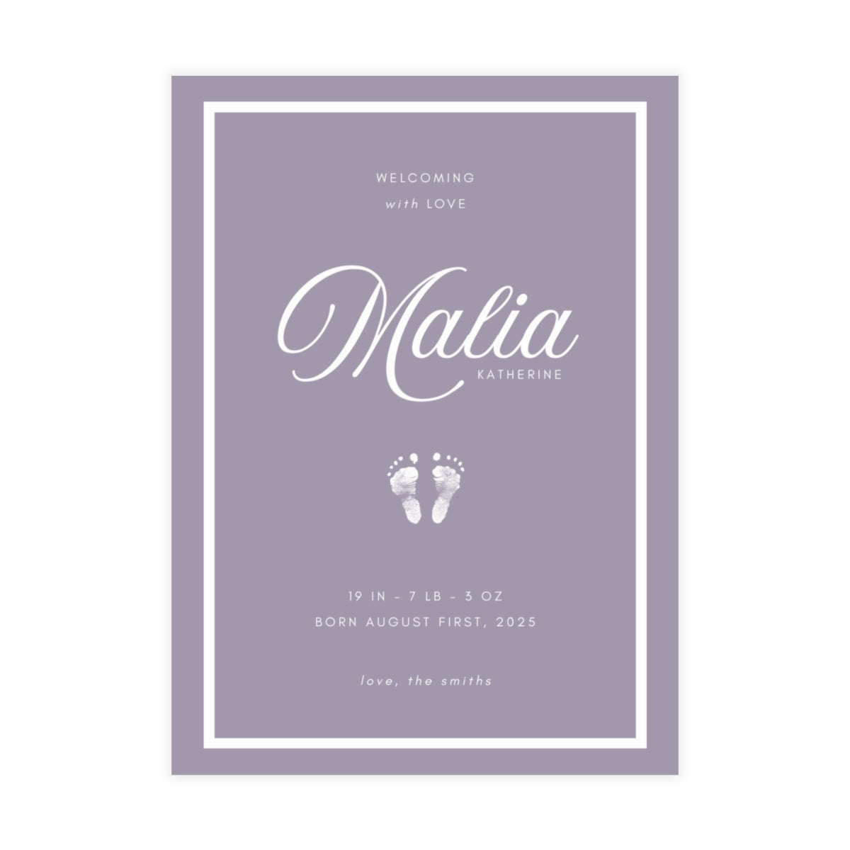 Baby birth announcement card with name 'Malia' and baby footprints on a purple background