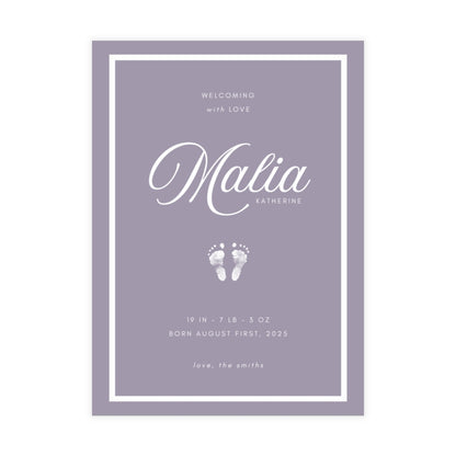 Baby birth announcement card with name 'Malia' and baby footprints on a purple background