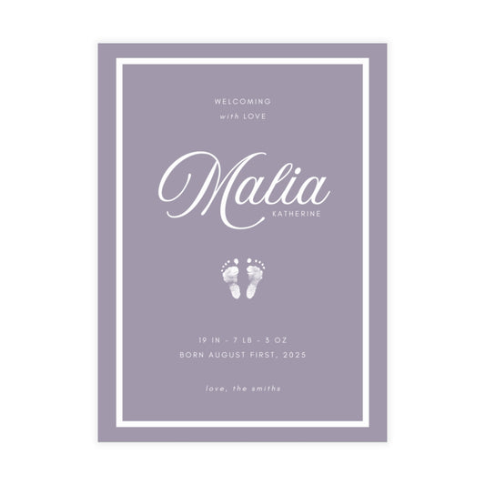 Baby birth announcement card with name 'Malia' and baby footprints on a purple background