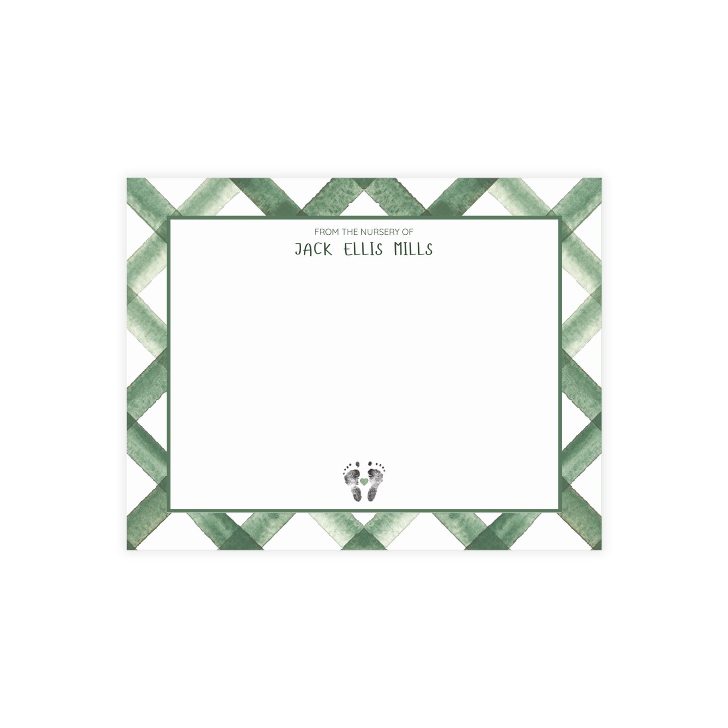 Note card with green and white checkered border and text 'From the Nursery of Jack Ellis Mills' and baby footprints.