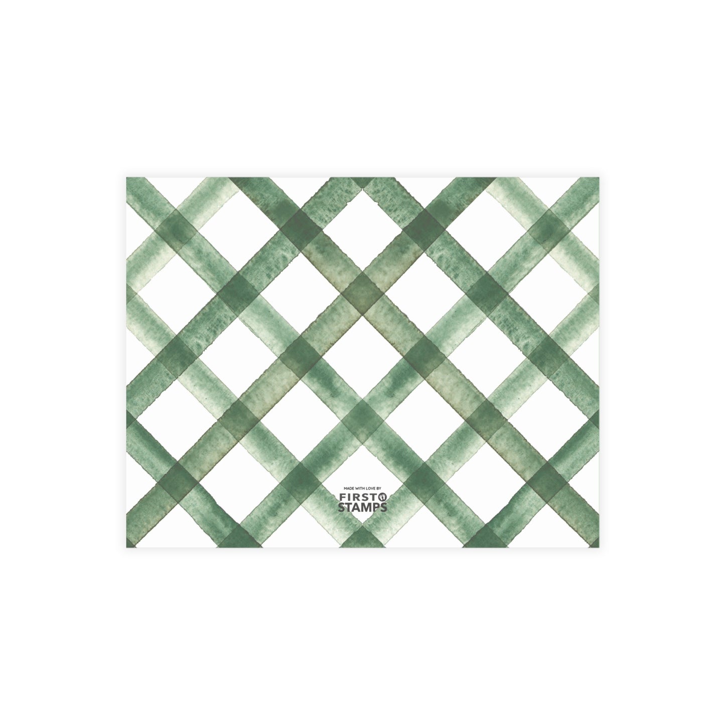 Green and white checkered pattern on a white background with 'FIRST STAMPS' branding.