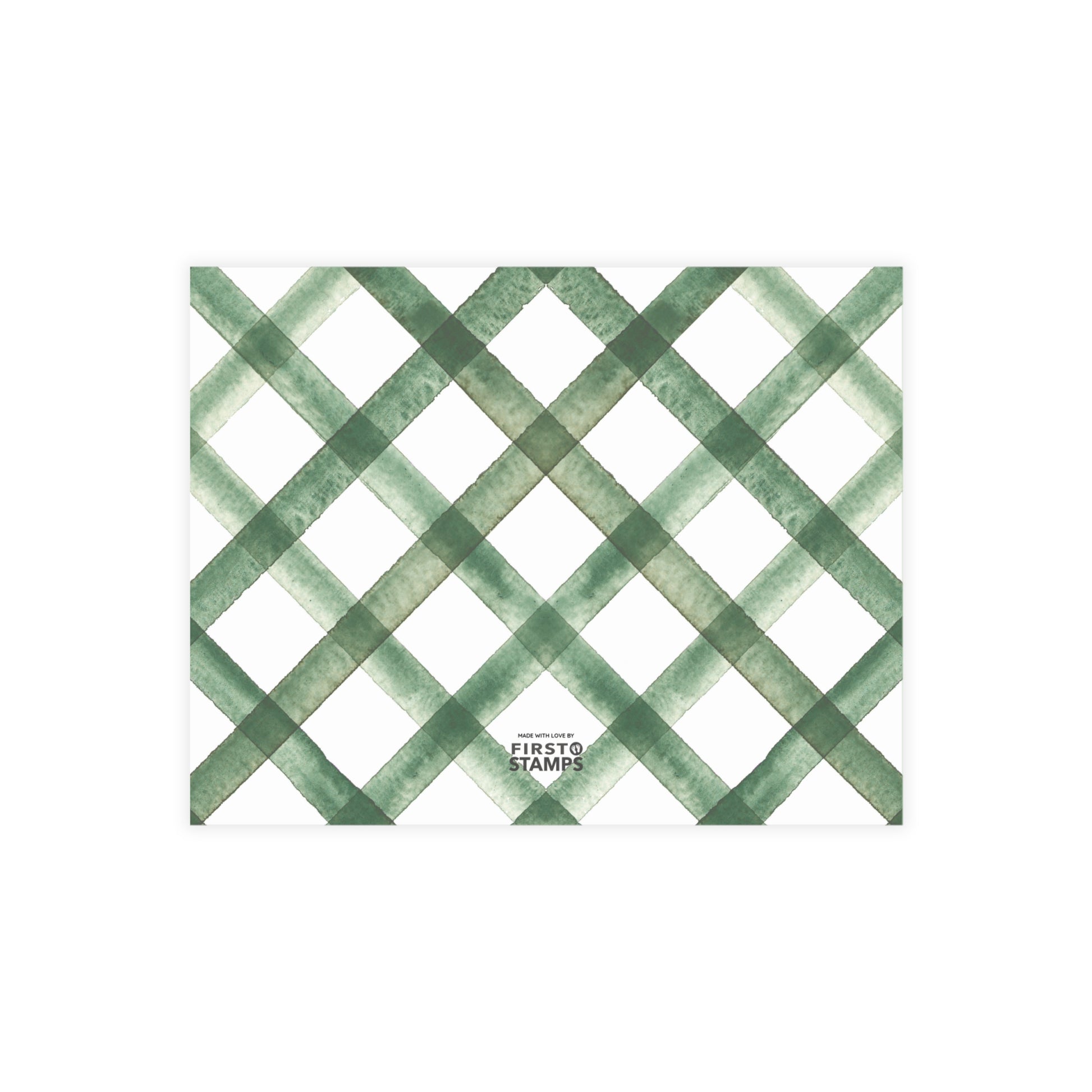Green and white checkered pattern on a white background with 'FIRST STAMPS' branding.