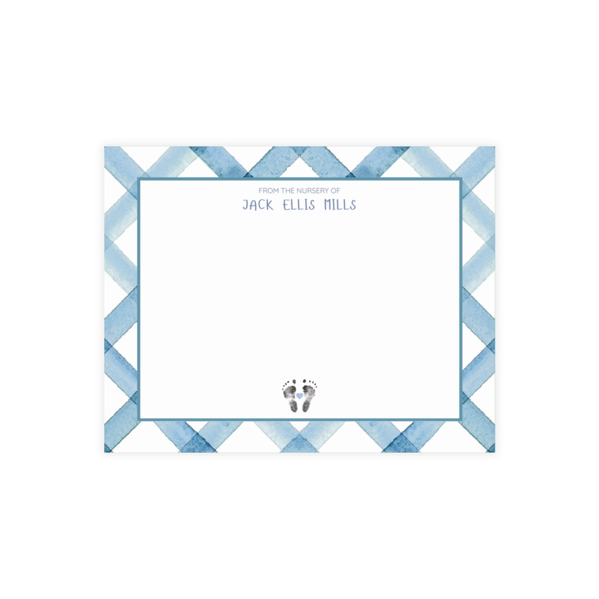 Note card with blue geometric pattern and baby footprints on a white background