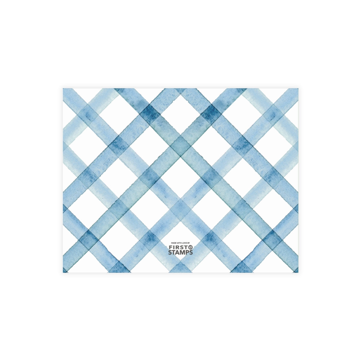Blue and white checkered pattern on a white background with 'FIRST STAMPS' branding.