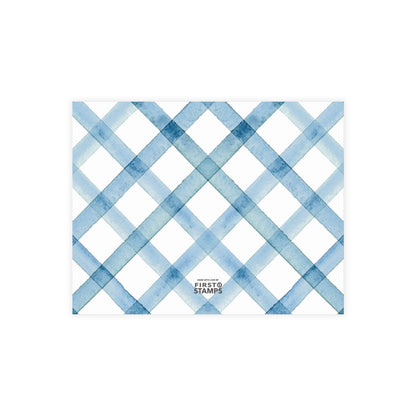Blue and white checkered pattern on a white background with 'FIRST STAMPS' branding.