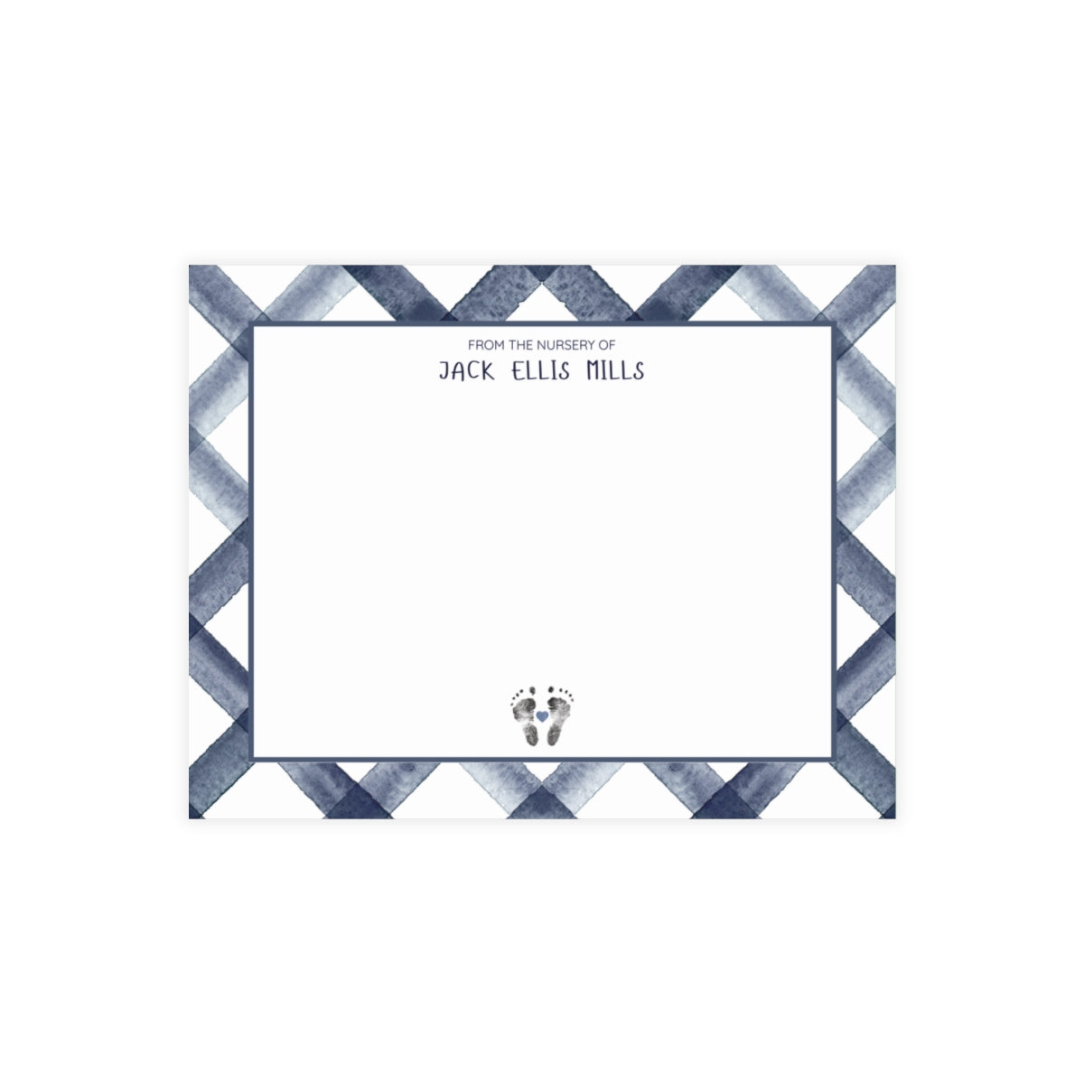 Card with zigzag border and text 'From the nursery of Jack Ellis Mills' on a white background with baby footprints.