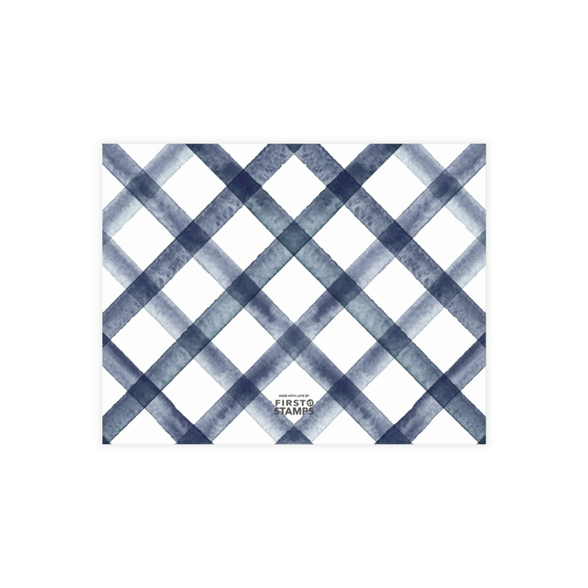 Blue and white checkered pattern on a white background with 'FIRST STAMPS' branding.