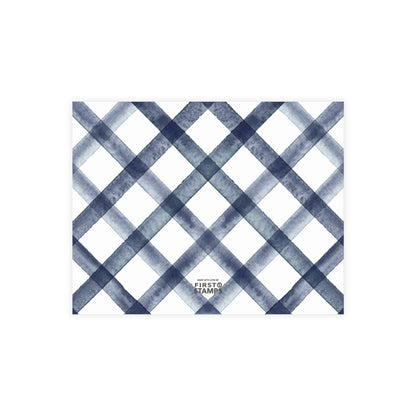 Blue and white checkered pattern on a white background with 'FIRST STAMPS' branding.