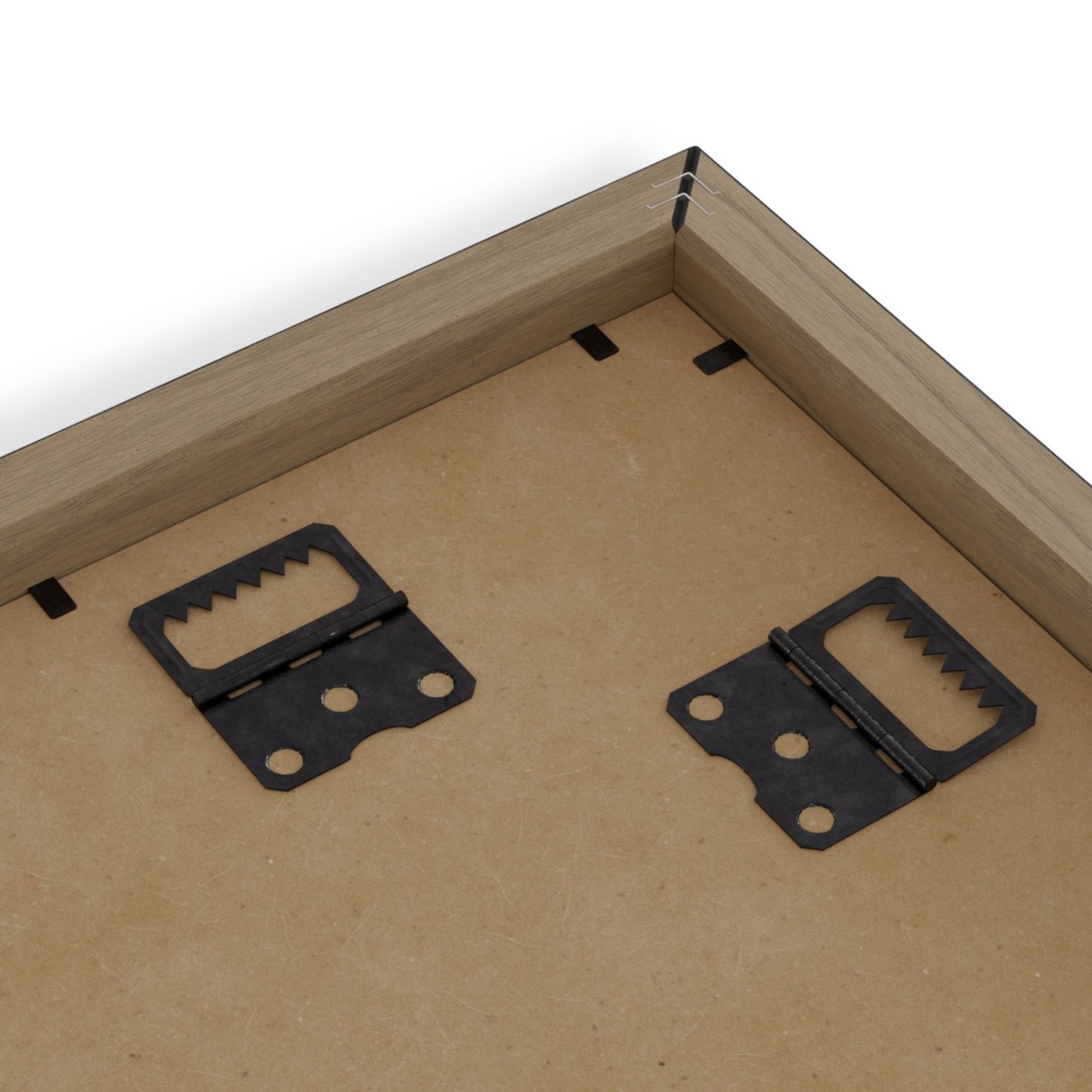 Wooden picture frame for baby keepsake with black metal hinges on a white background