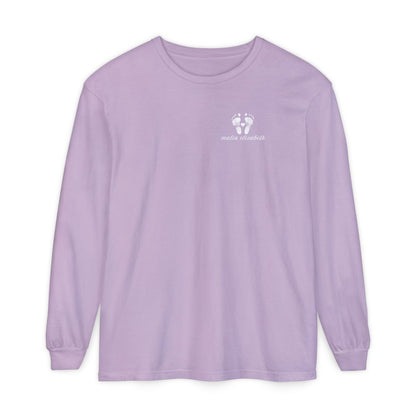 Orchid long-sleeve shirt with a baby footprint logo on the chest.