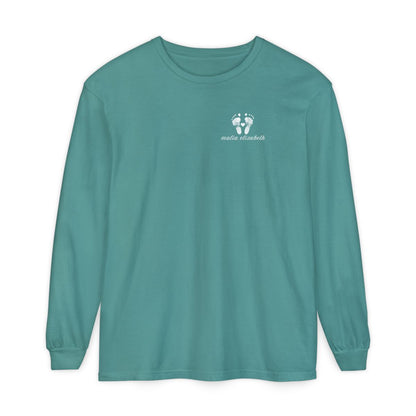 Seafoam long-sleeve shirt with a baby footprint logo on the chest.