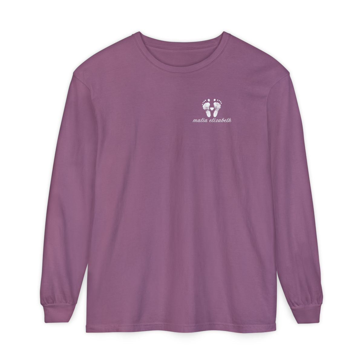 Berry long-sleeve shirt with a baby footprint logo on the chest.