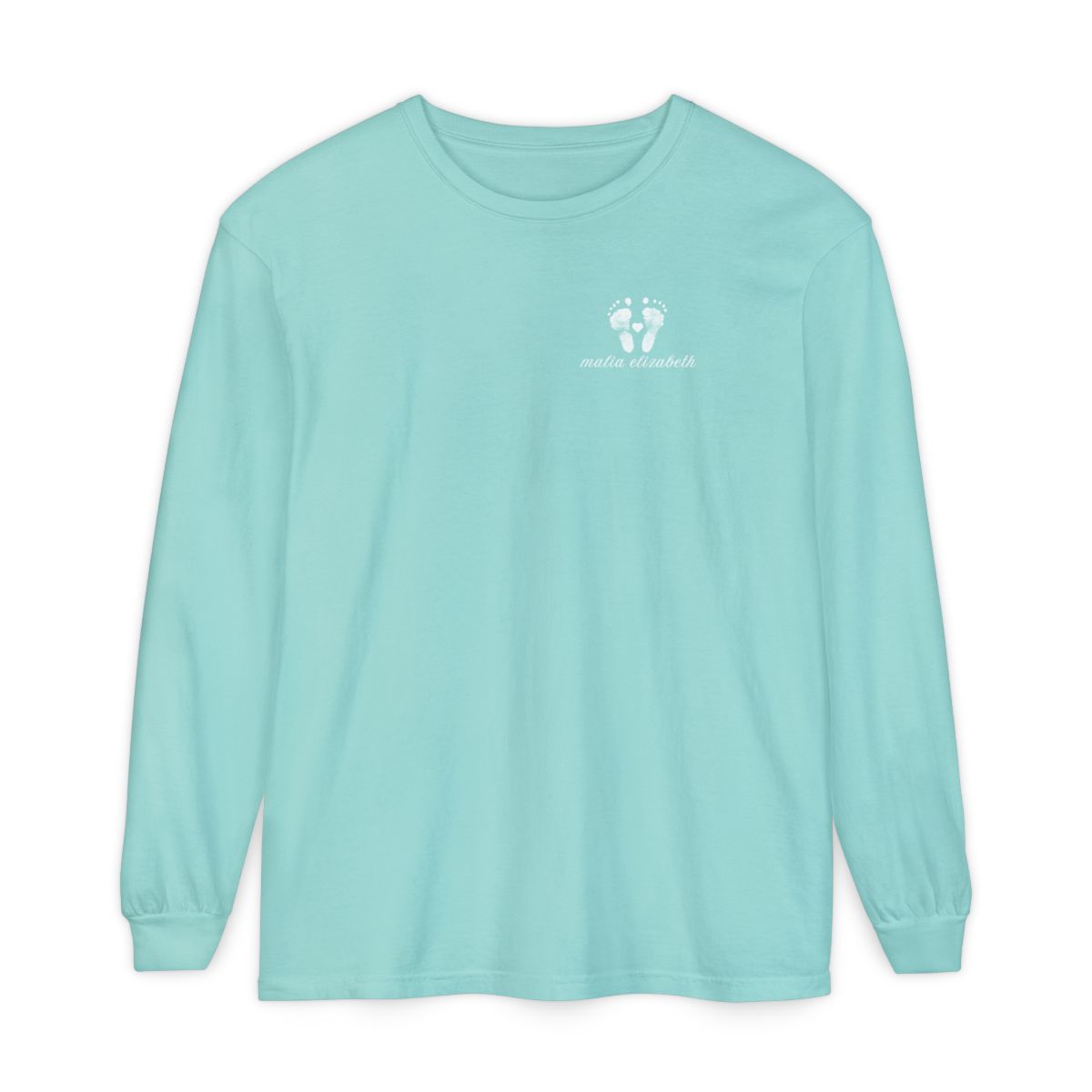 Chalky mint long-sleeve shirt with a baby footprint logo on the chest.