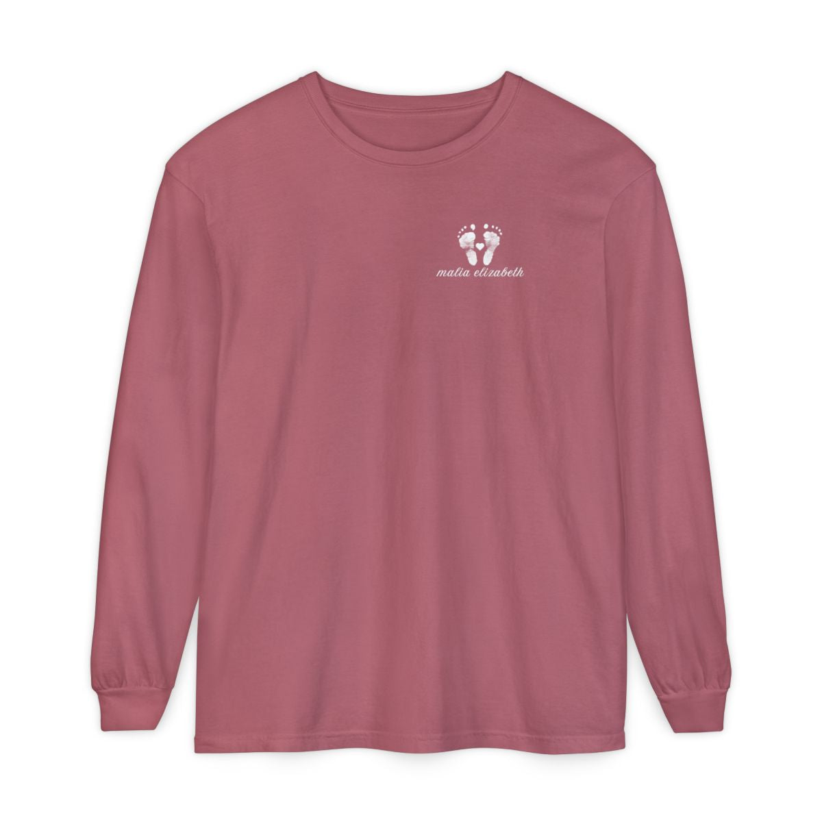 Crimson long-sleeve shirt with a baby footprint logo on the chest.
