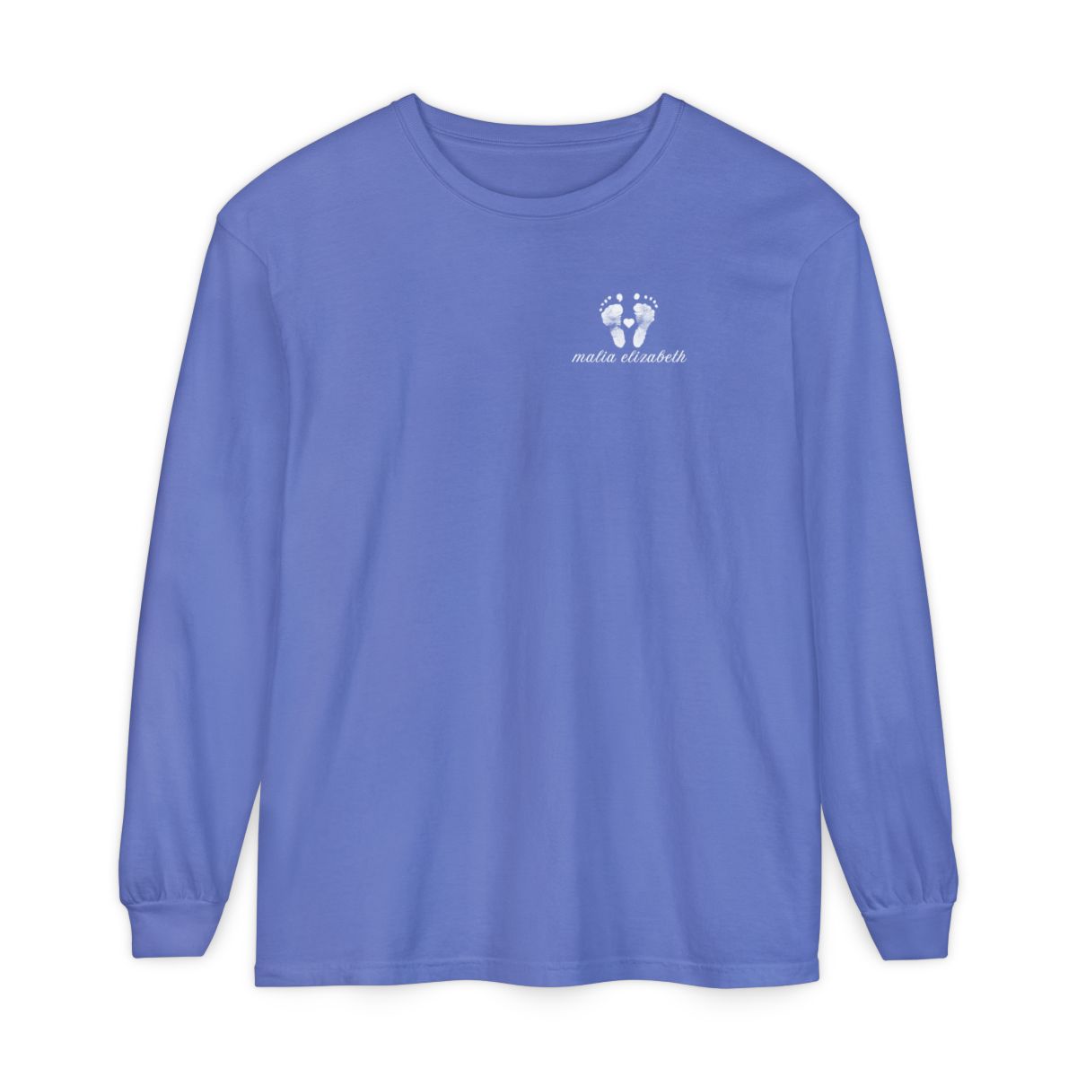 Flo Blue long-sleeve shirt with a baby footprint logo on the chest.