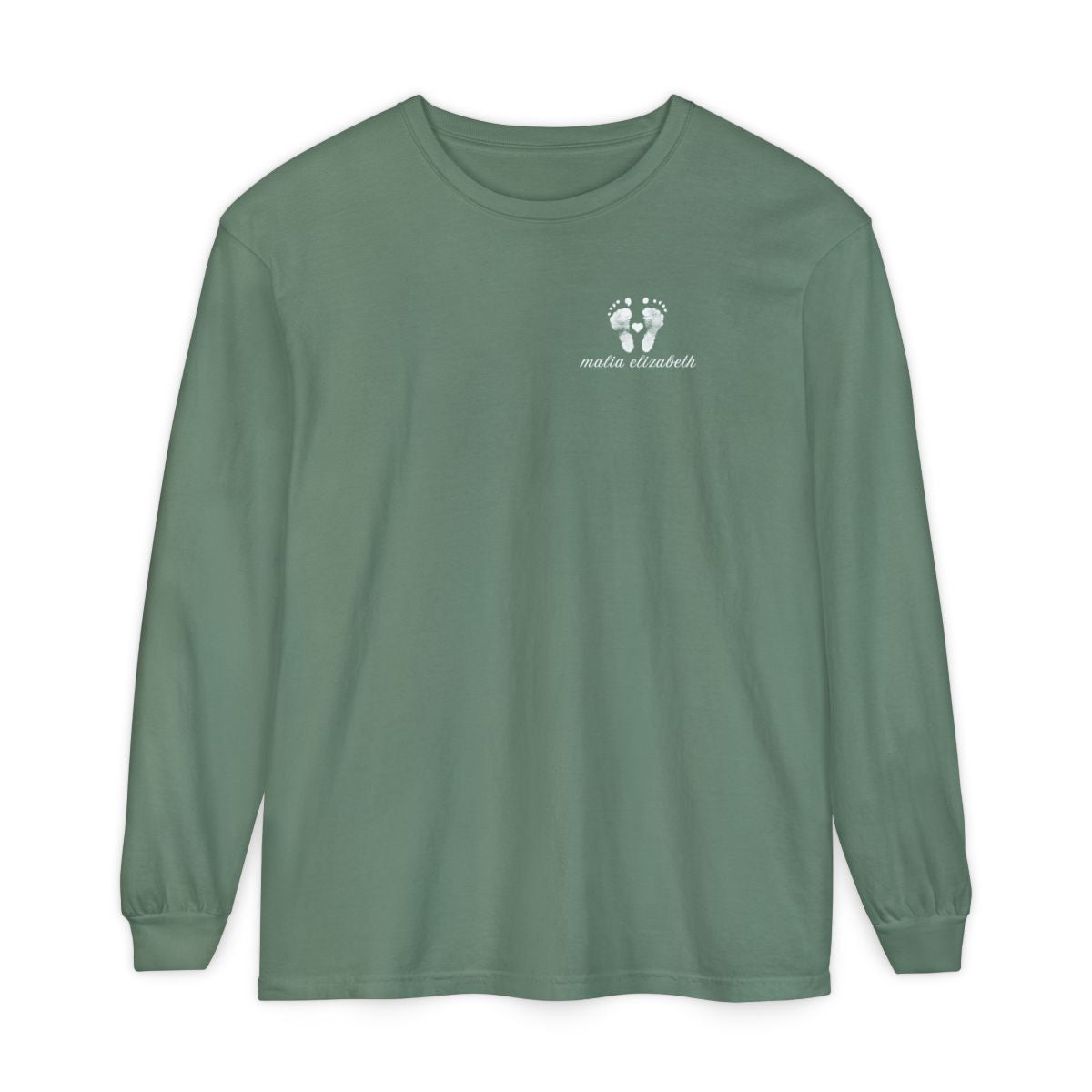 Light green long-sleeve shirt with a baby footprint logo on the chest.