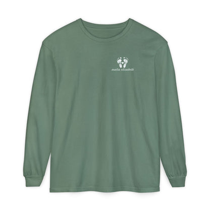 Light green long-sleeve shirt with a baby footprint logo on the chest.