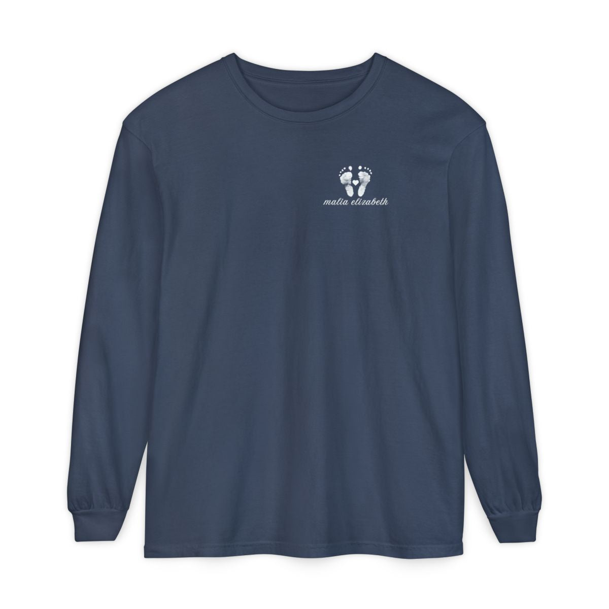 Midnight long-sleeve shirt with a baby footprint logo on the chest.
