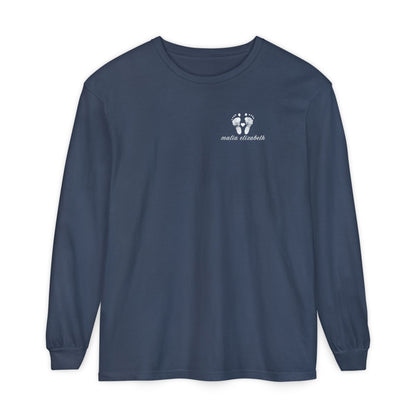 Midnight long-sleeve shirt with a baby footprint logo on the chest.