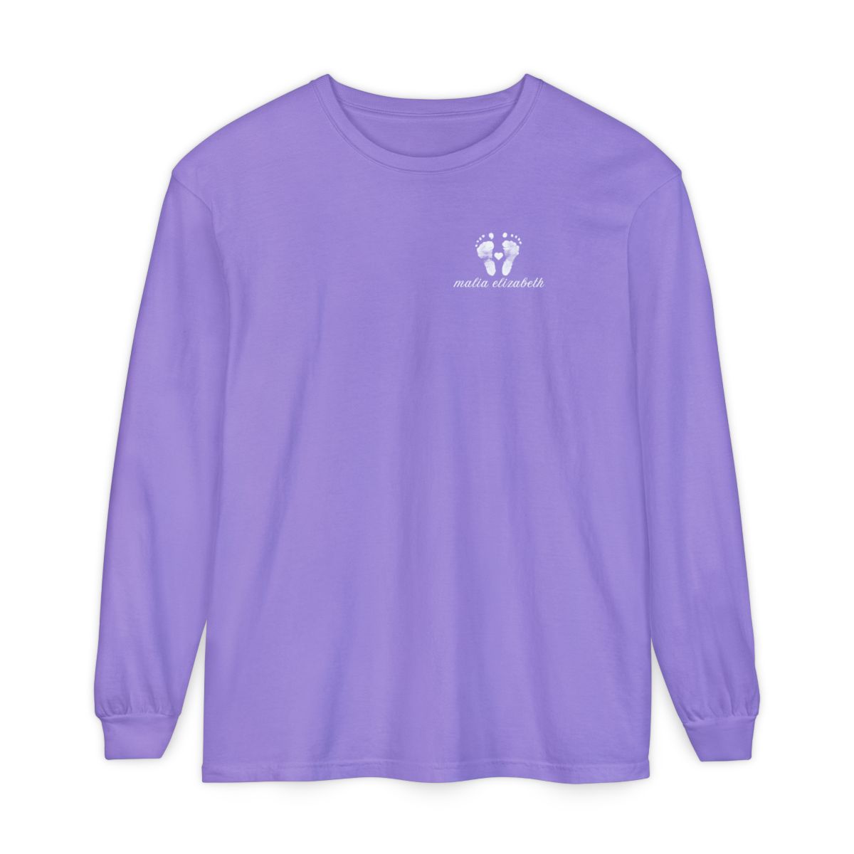Violet long-sleeve shirt with a baby footprint logo on the chest.