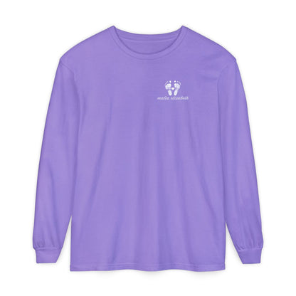 Violet long-sleeve shirt with a baby footprint logo on the chest.