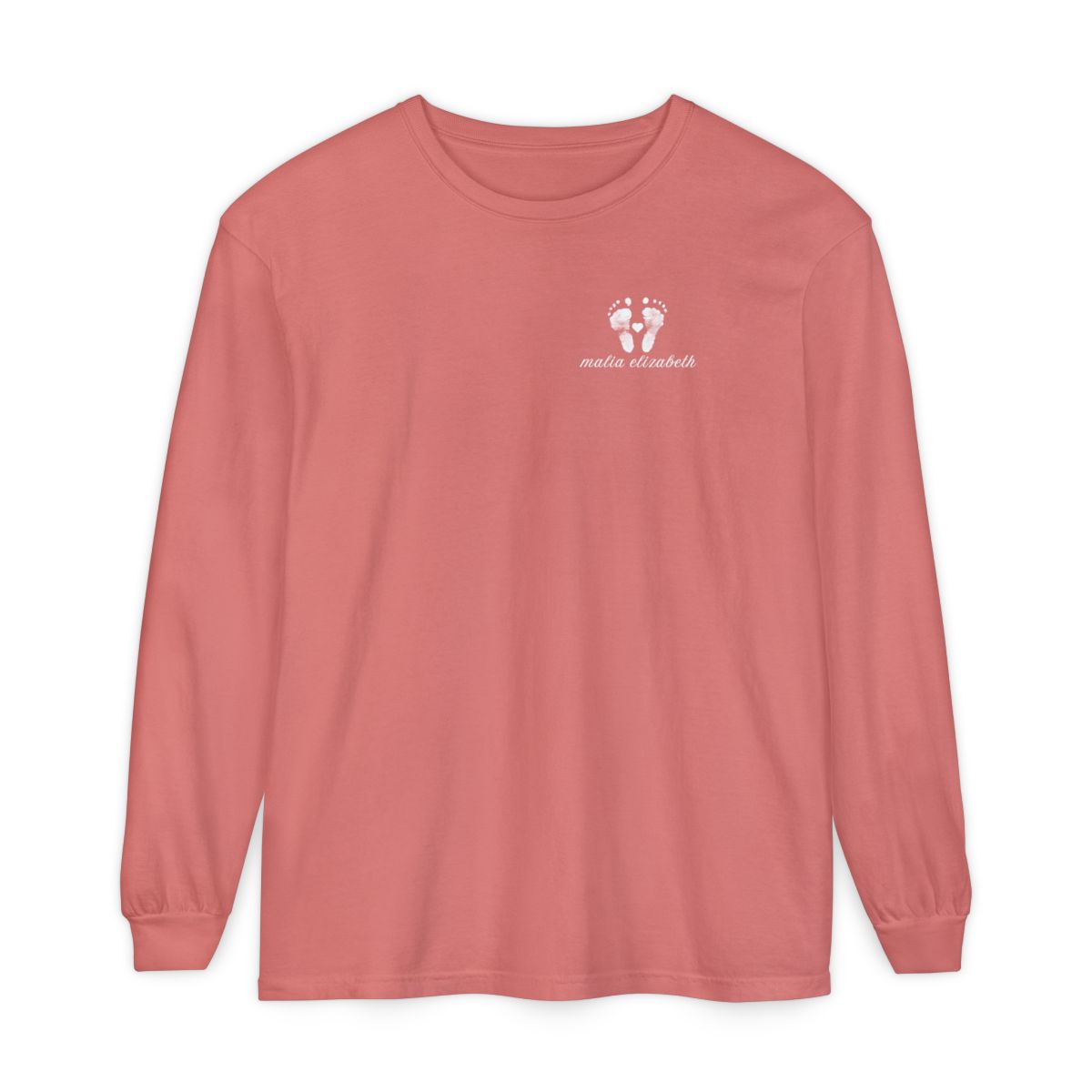 Watermelon long-sleeve shirt with a baby footprint logo on the chest.