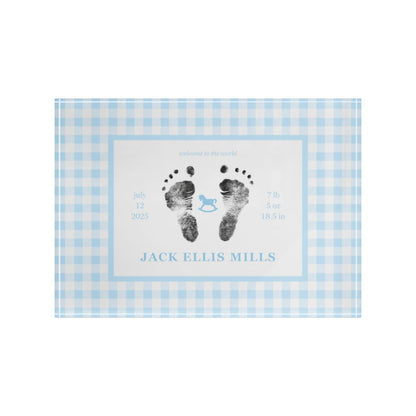 Blue acrylic block with  baby footprints and text.