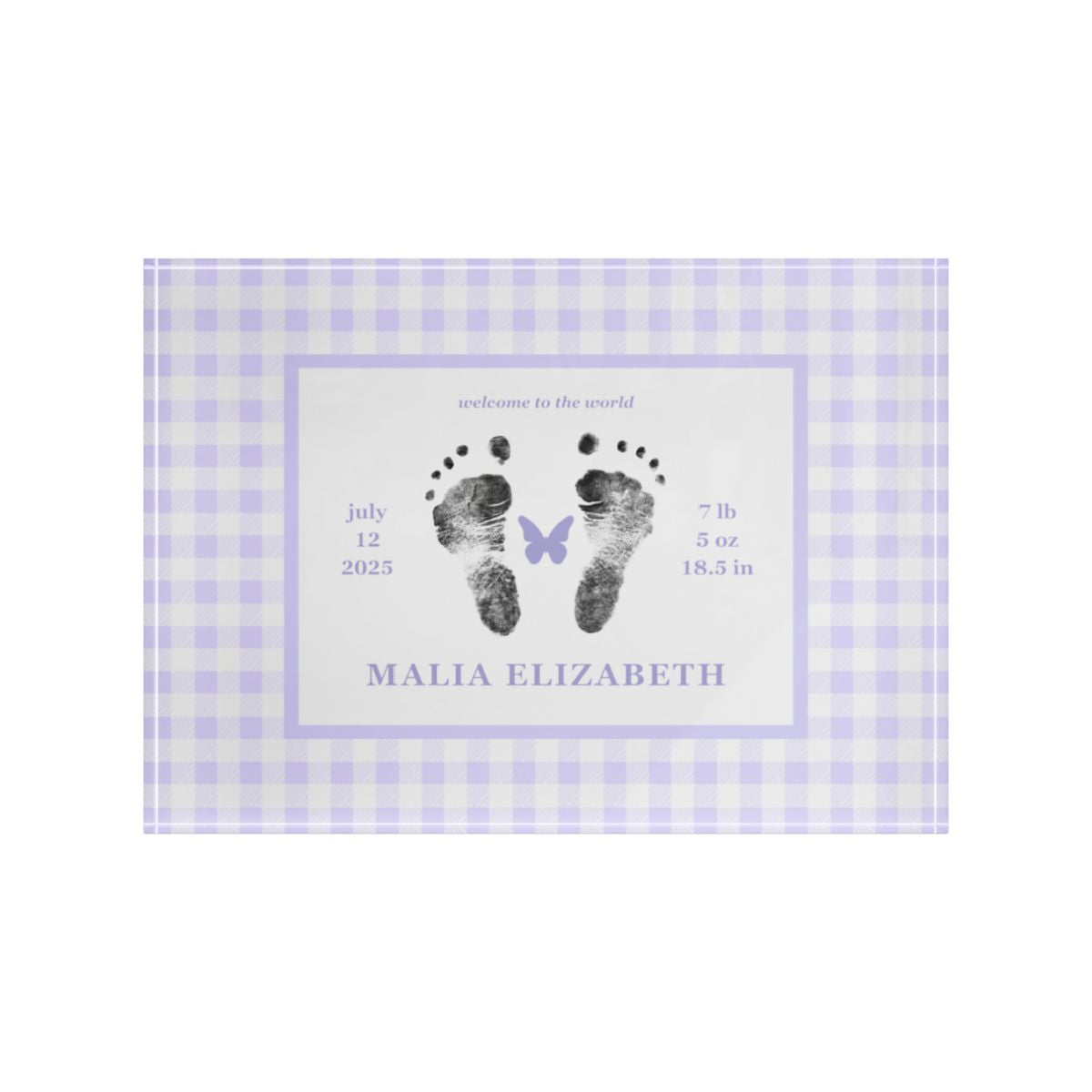 Purple acrylic block with  baby footprints and text.
