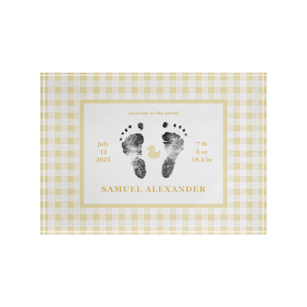Yellow acrylic block with  baby footprints and text.